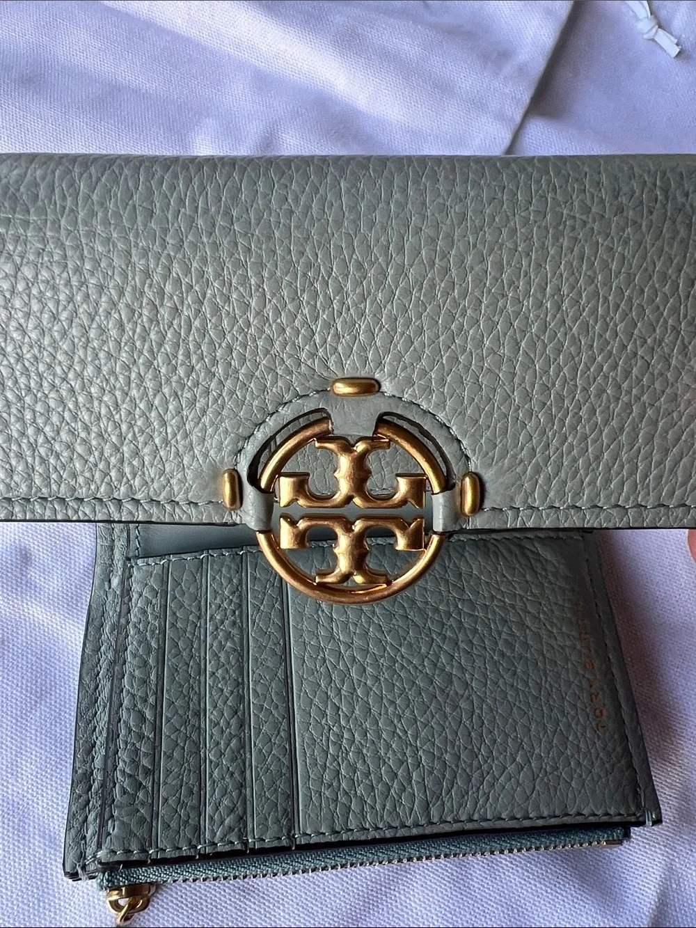 Tory Burch Pebbled Leather Miller Medium Flap Wallet in Blue Celadon - Picture 3 of 11